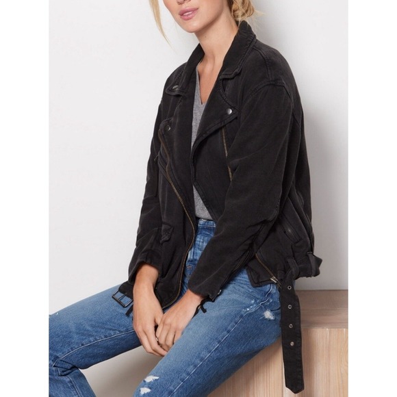 Free People We The Free Rebel Knit Moto Jacket XS Black Buckle Grunge Biker Goth - Picture 2 of 12